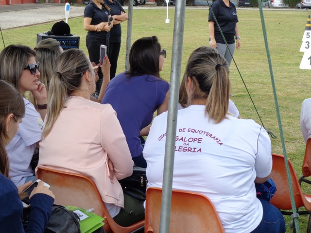Aula demonstrativa de equoterapia no campo de futebol da Fundação