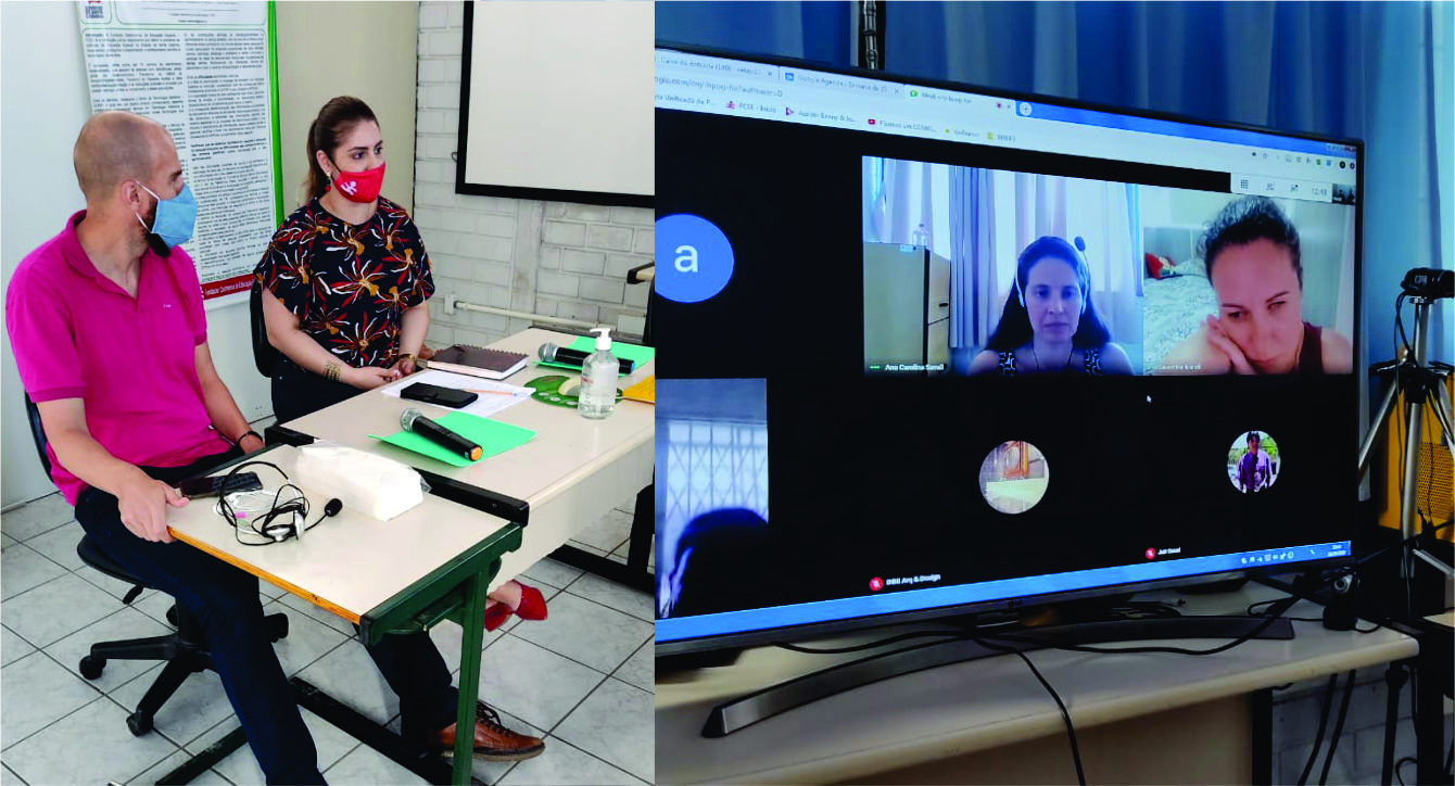Montagem com duas fotos, na imagem da esquerda um homem e uma mulher sentados em uma mesa olhando para uma webcam, na outra foto um monitor de computador mostrando 3 pessoas participando da web conferencia. 