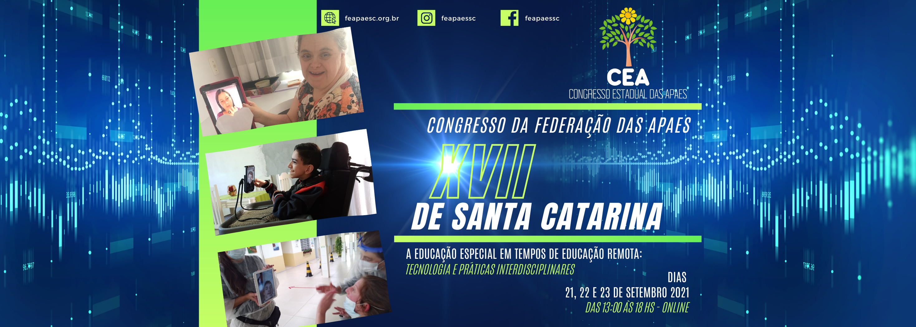 Fundo azul, foto de pessoas em frente a tablets e computadores e o texto - Congresso da Federação das APAEs de Santa Catarina