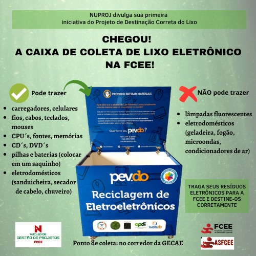 desenho de caixa azul com texto: A Coleta de eletrônicos chegou no campus da fcee!