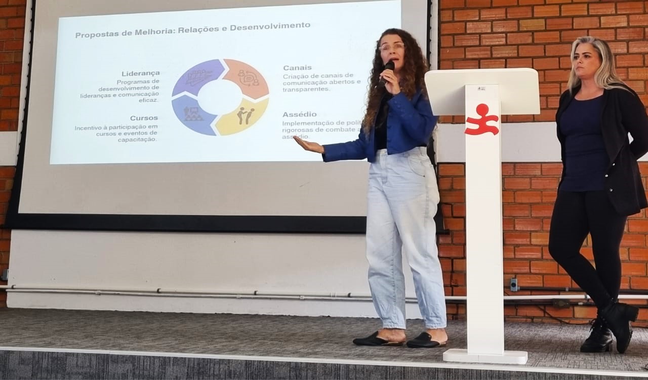 Duas mulheres estão em um palco onde apresentam um trabalho acadêmico em um datashow. Nele está escrito: propostas de melhoria: Relações e desenvolvimento. Ao centro um grafico nas cores azul, laranja e amarelo. Uma mulher de cabelo preto ondulado apresenta o trabalho. Ela está em pé, de blusa azul e calça jeans. Ao seu lado uma mulher em pé, branca e loira observa. Ela usa blusa e calça preta.